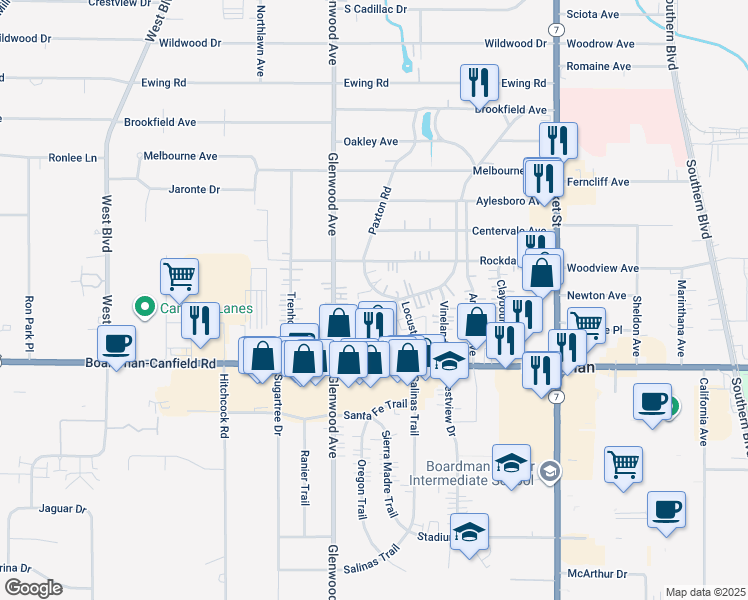 map of restaurants, bars, coffee shops, grocery stores, and more near 7198 Paxton Road in Youngstown
