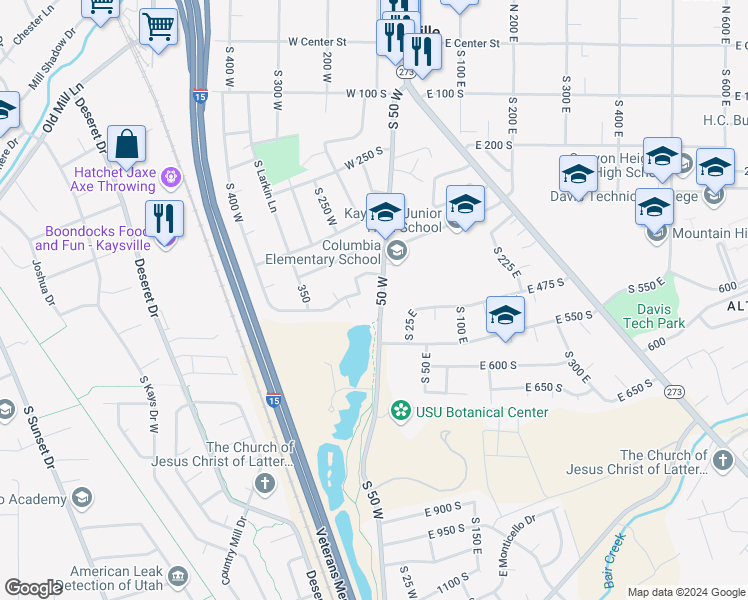 map of restaurants, bars, coffee shops, grocery stores, and more near 496 South 50 West in Kaysville