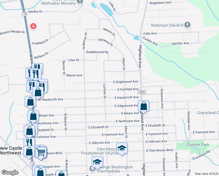map of restaurants, bars, coffee shops, grocery stores, and more near 209 East Fairfield Avenue in New Castle