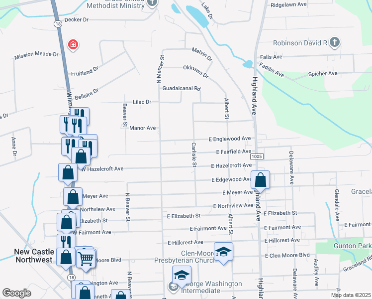 map of restaurants, bars, coffee shops, grocery stores, and more near 129 East Fairfield Avenue in New Castle