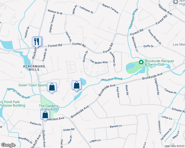 map of restaurants, bars, coffee shops, grocery stores, and more near 119 Macleish Court in Mahwah