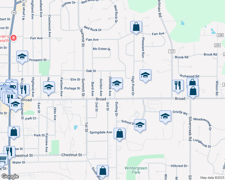 map of restaurants, bars, coffee shops, grocery stores, and more near 138 Overlook Avenue in Wadsworth