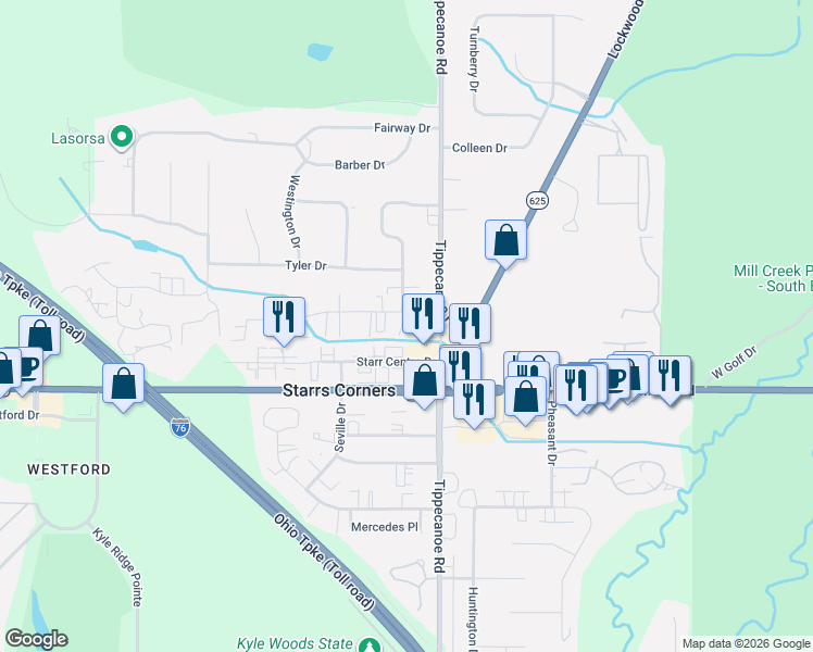 map of restaurants, bars, coffee shops, grocery stores, and more near 3649 Indian Run Drive in Canfield