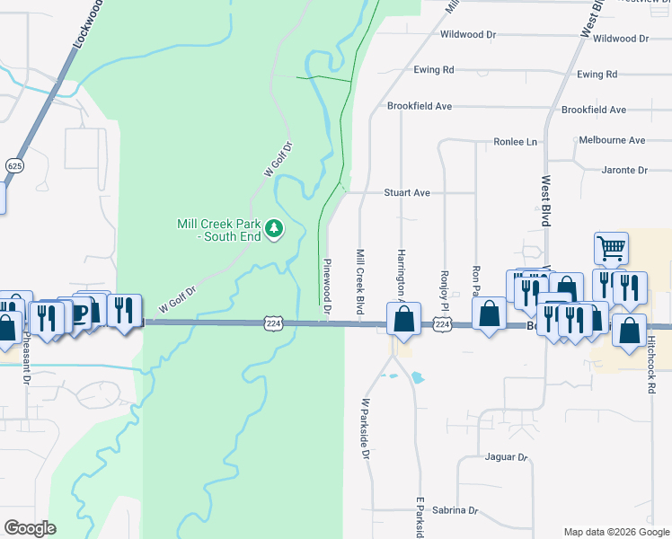 map of restaurants, bars, coffee shops, grocery stores, and more near 7115 Pinewood Drive in Youngstown
