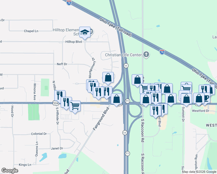 map of restaurants, bars, coffee shops, grocery stores, and more near 61 Talsman Drive in Canfield