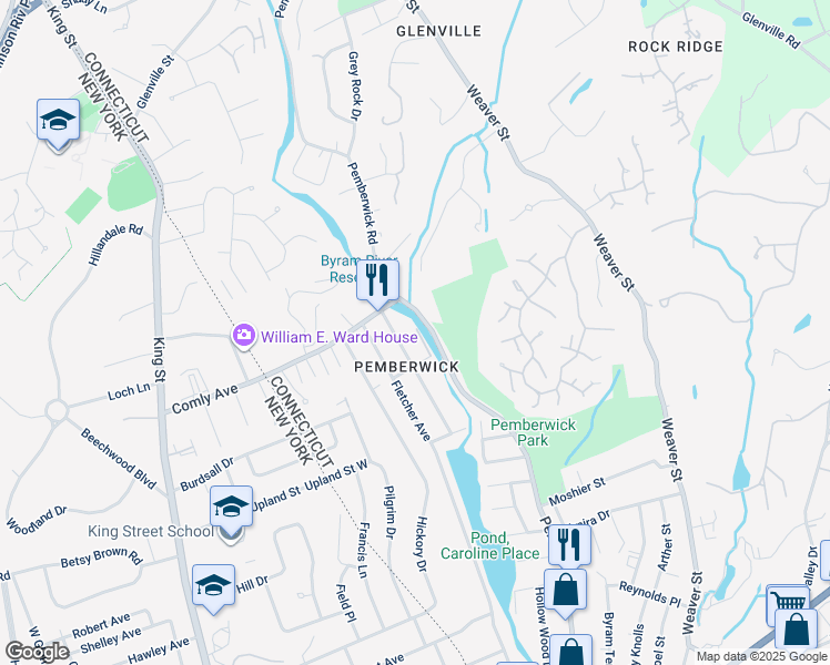 map of restaurants, bars, coffee shops, grocery stores, and more near 10 Ellin Drive in Greenwich