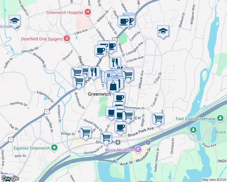 map of restaurants, bars, coffee shops, grocery stores, and more near 265 Greenwich Avenue in Greenwich