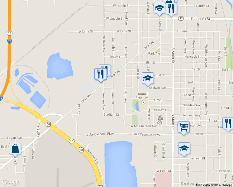 map of restaurants, bars, coffee shops, grocery stores, and more near 1215 Summit St in Findlay