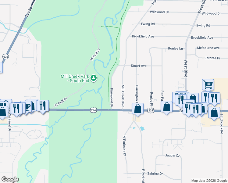 map of restaurants, bars, coffee shops, grocery stores, and more near 7115 Pinewood Drive in Youngstown