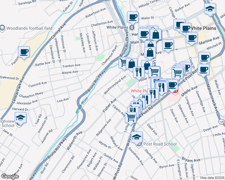 map of restaurants, bars, coffee shops, grocery stores, and more near 146 Westmoreland Avenue in White Plains