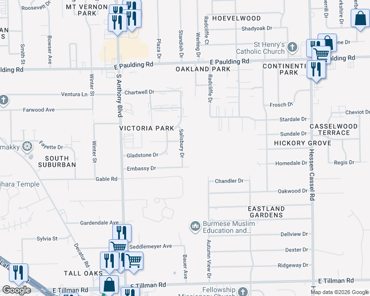 map of restaurants, bars, coffee shops, grocery stores, and more near 6325 Salisbury Drive in Fort Wayne