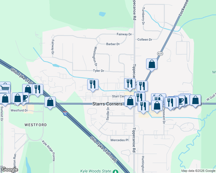 map of restaurants, bars, coffee shops, grocery stores, and more near 3745 Indian Run Drive in Canfield