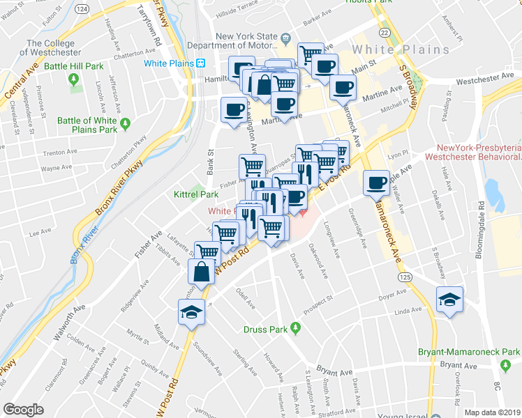 map of restaurants, bars, coffee shops, grocery stores, and more near 168 South Lexington Avenue in White Plains
