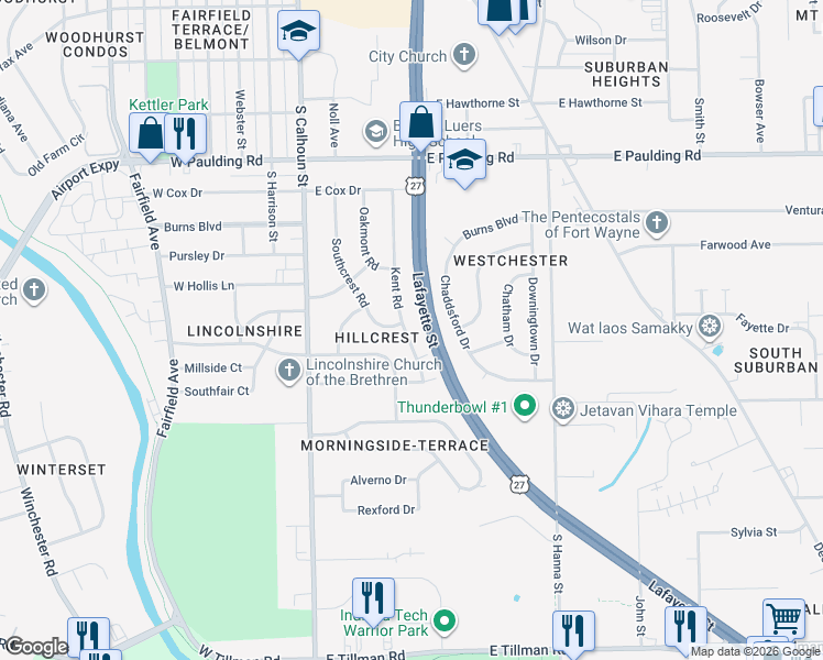 map of restaurants, bars, coffee shops, grocery stores, and more near 6311 Kent Road in Fort Wayne
