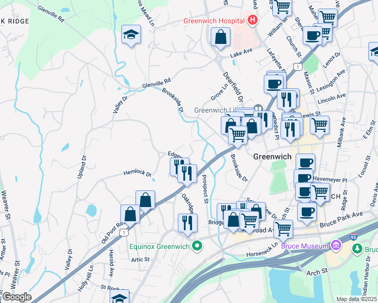 map of restaurants, bars, coffee shops, grocery stores, and more near 7 Edgewood Drive in Greenwich