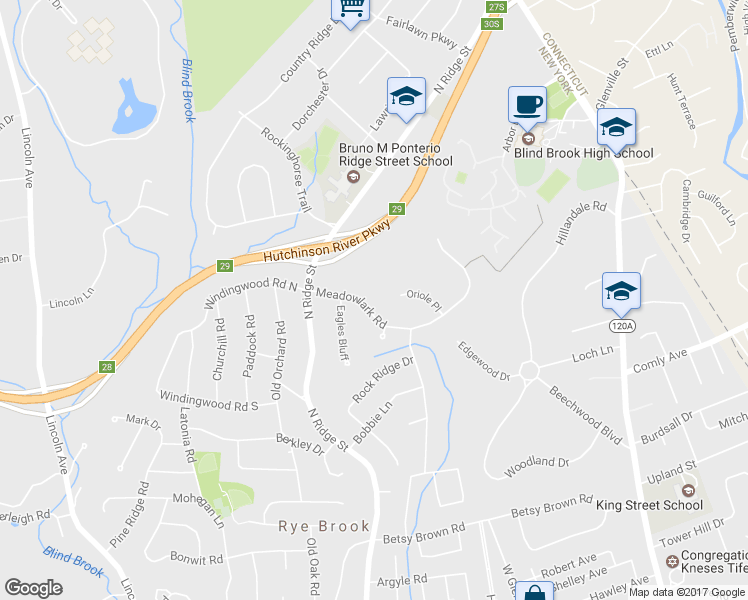 map of restaurants, bars, coffee shops, grocery stores, and more near 15 Meadowlark Road in Rye Brook
