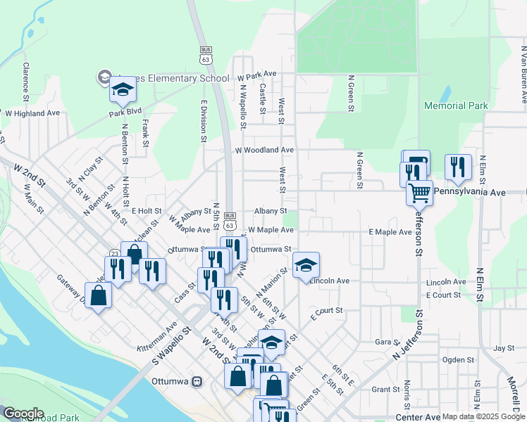 map of restaurants, bars, coffee shops, grocery stores, and more near 300 Albany Street in Ottumwa