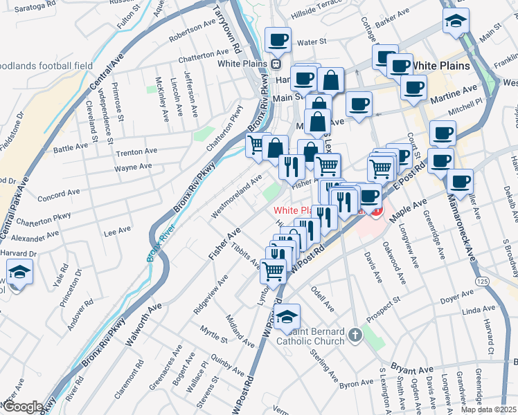 map of restaurants, bars, coffee shops, grocery stores, and more near 154 Fisher Avenue in White Plains