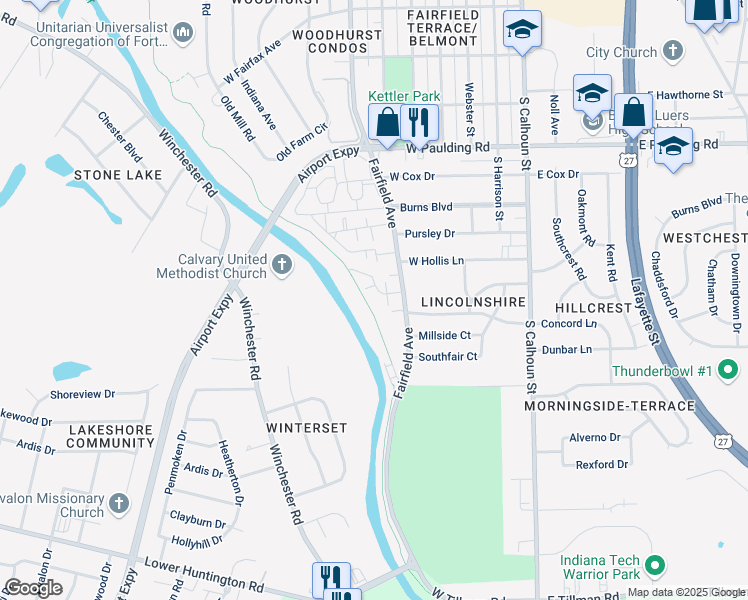 map of restaurants, bars, coffee shops, grocery stores, and more near 431 Fairwick Lane in Fort Wayne