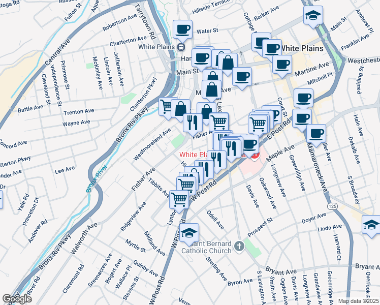 map of restaurants, bars, coffee shops, grocery stores, and more near 95 Bank Street in White Plains