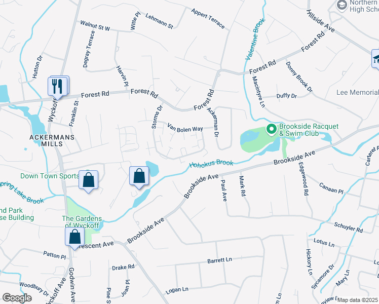 map of restaurants, bars, coffee shops, grocery stores, and more near 83 Frost Lane in Mahwah
