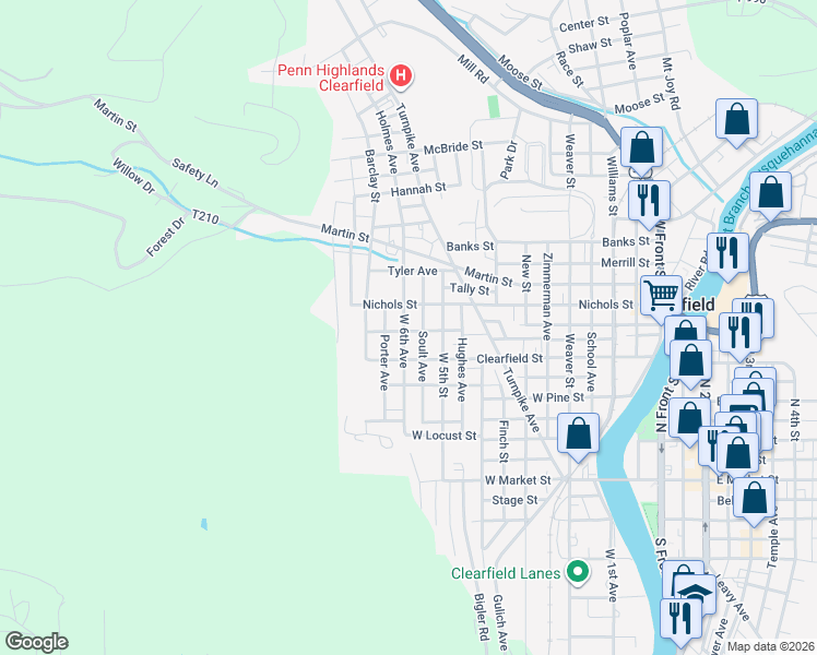 map of restaurants, bars, coffee shops, grocery stores, and more near 323 West 6th Avenue in Clearfield