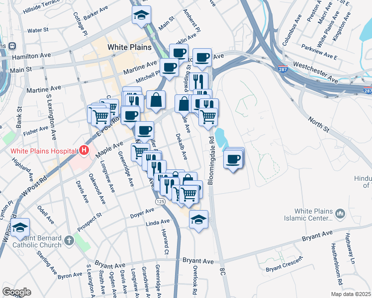 map of restaurants, bars, coffee shops, grocery stores, and more near 177 Hale Avenue in White Plains