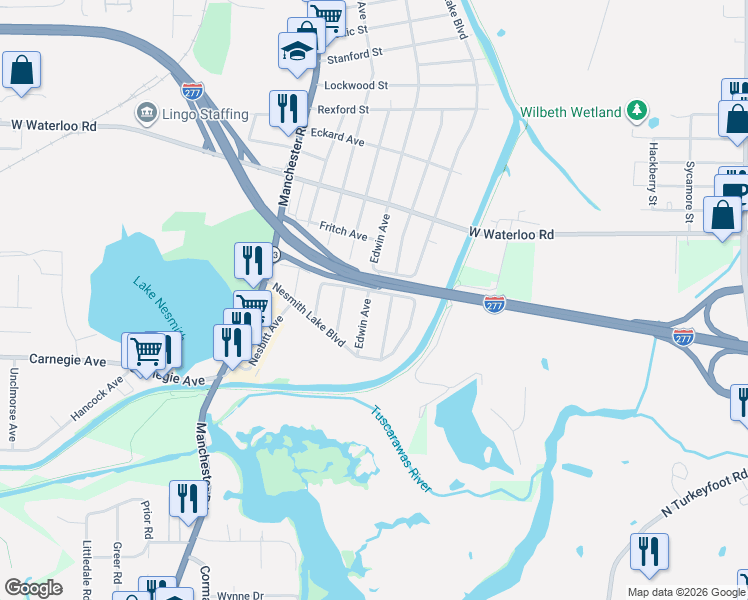 map of restaurants, bars, coffee shops, grocery stores, and more near 2651 Edwin Avenue in Akron