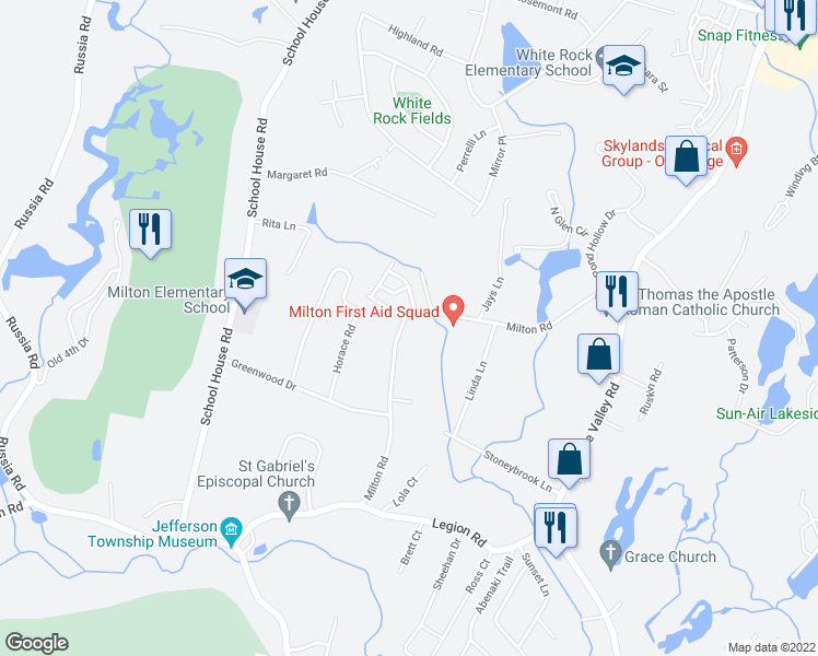 map of restaurants, bars, coffee shops, grocery stores, and more near 85 Milton Road in Jefferson