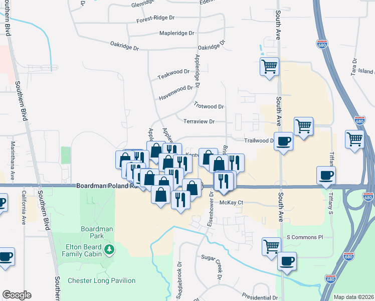 map of restaurants, bars, coffee shops, grocery stores, and more near 6767 Applewood Boulevard in Youngstown