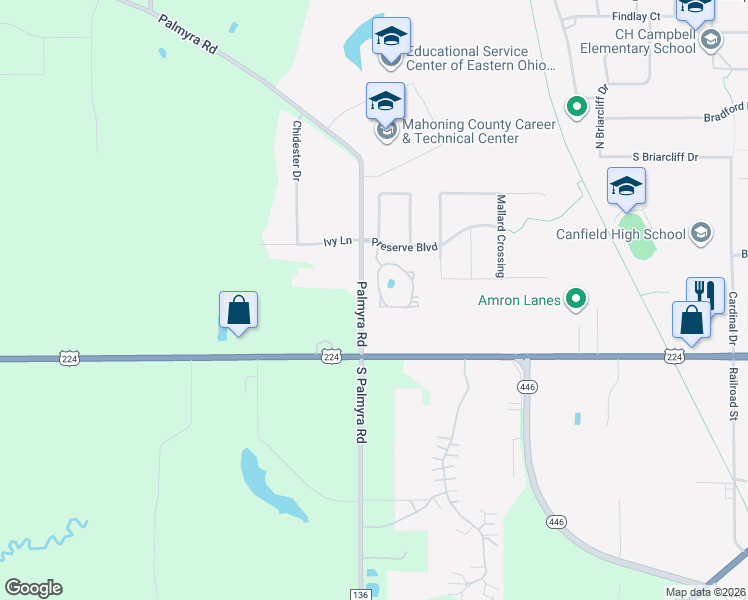 map of restaurants, bars, coffee shops, grocery stores, and more near 80 Lake Pointe Circle in Canfield
