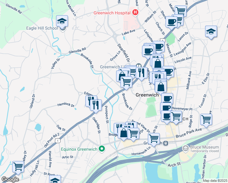 map of restaurants, bars, coffee shops, grocery stores, and more near 181 West Putnam Avenue in Greenwich