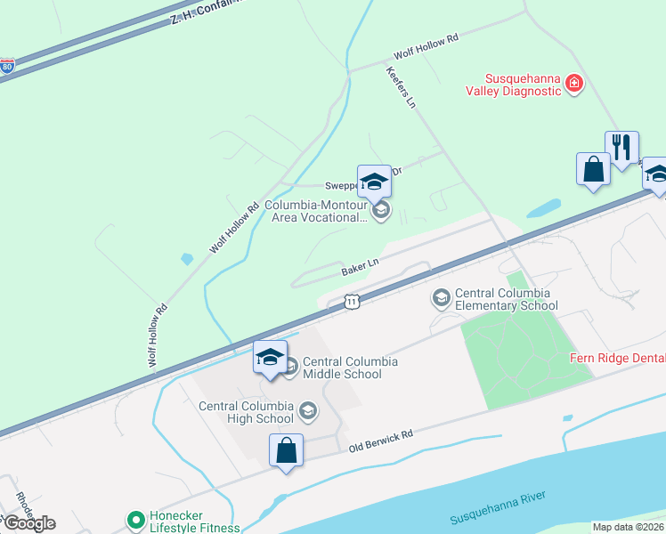 map of restaurants, bars, coffee shops, grocery stores, and more near 10 Baker Lane in Bloomsburg