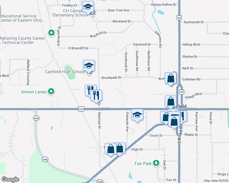 map of restaurants, bars, coffee shops, grocery stores, and more near 50 Stratford Green Drive in Canfield
