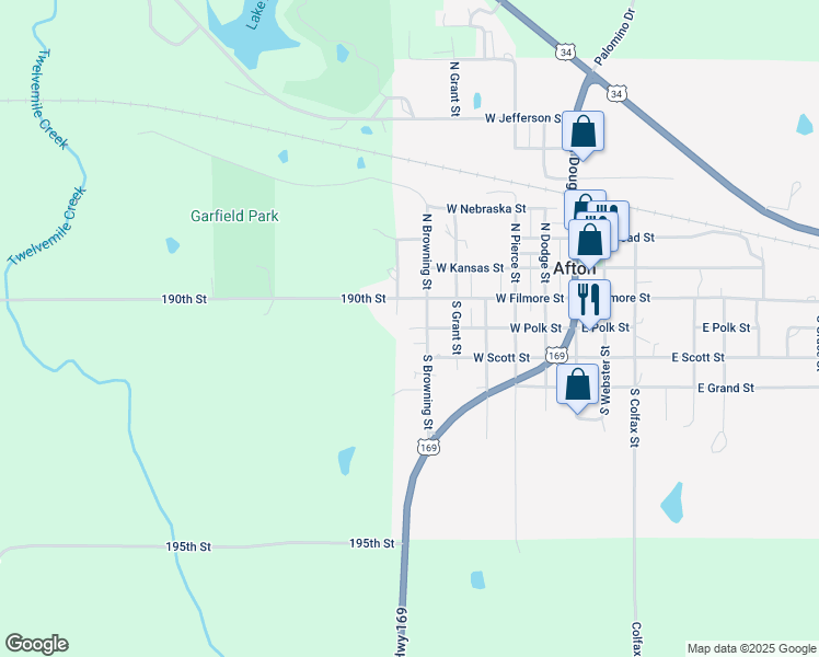 map of restaurants, bars, coffee shops, grocery stores, and more near 611 West Polk Street in Afton