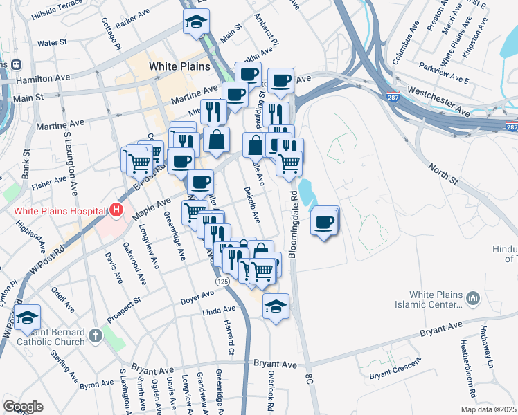 map of restaurants, bars, coffee shops, grocery stores, and more near 177 Hale Avenue in White Plains
