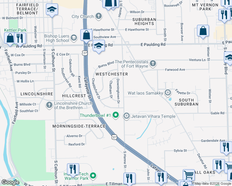 map of restaurants, bars, coffee shops, grocery stores, and more near 6302 Downingtown Drive in Fort Wayne