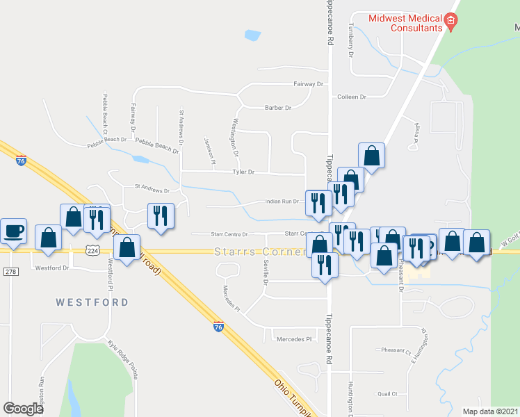map of restaurants, bars, coffee shops, grocery stores, and more near 3761 Indian Run Drive in Canfield