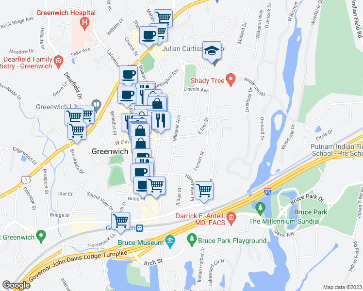 map of restaurants, bars, coffee shops, grocery stores, and more near 229 Milbank Avenue in Greenwich