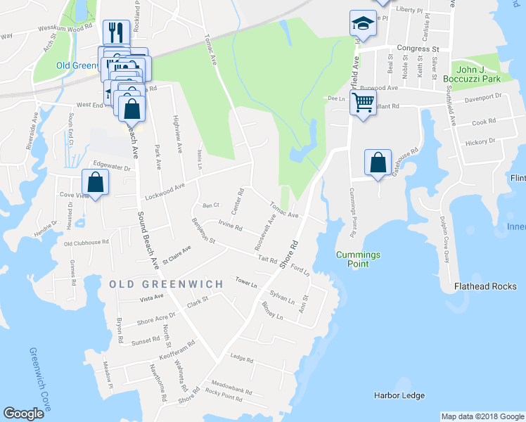 map of restaurants, bars, coffee shops, grocery stores, and more near 22 Tomac Avenue in Old Greenwich
