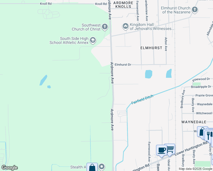 map of restaurants, bars, coffee shops, grocery stores, and more near 6002 Ardmore Avenue in Fort Wayne