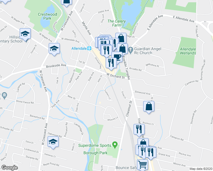 map of restaurants, bars, coffee shops, grocery stores, and more near 138 Carriage Court in Allendale