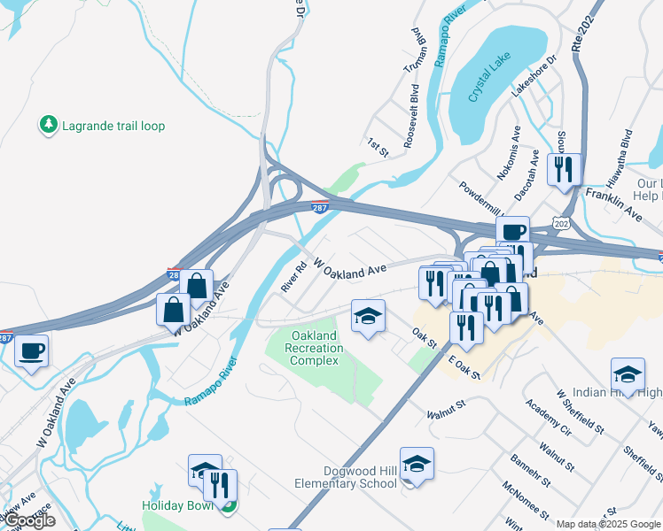 map of restaurants, bars, coffee shops, grocery stores, and more near 104 West Oakland Avenue in Oakland
