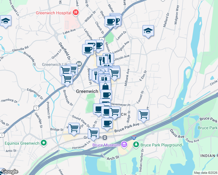 map of restaurants, bars, coffee shops, grocery stores, and more near 166 Mason Street in Greenwich