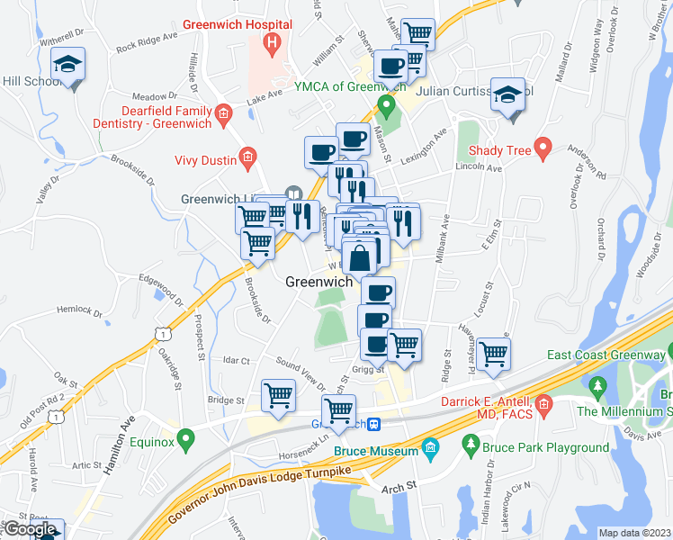 map of restaurants, bars, coffee shops, grocery stores, and more near in Greenwich