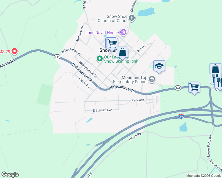 map of restaurants, bars, coffee shops, grocery stores, and more near 107 East Sycamore Street in Snow Shoe