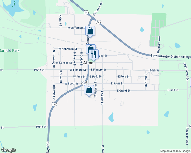 map of restaurants, bars, coffee shops, grocery stores, and more near 201 East Polk Street in Afton