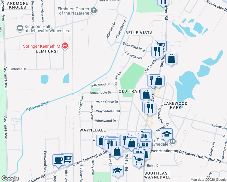 map of restaurants, bars, coffee shops, grocery stores, and more near 2706 Broadripple Drive in Fort Wayne