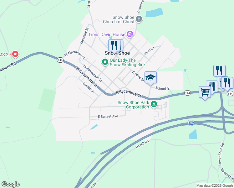 map of restaurants, bars, coffee shops, grocery stores, and more near 400-408 6th St Exd in Snow Shoe