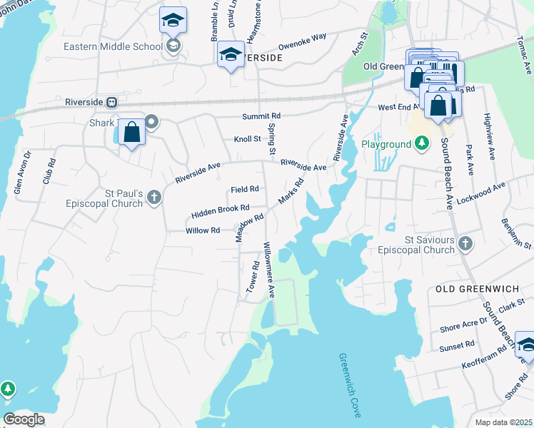 map of restaurants, bars, coffee shops, grocery stores, and more near 35 Meadow Road in Greenwich